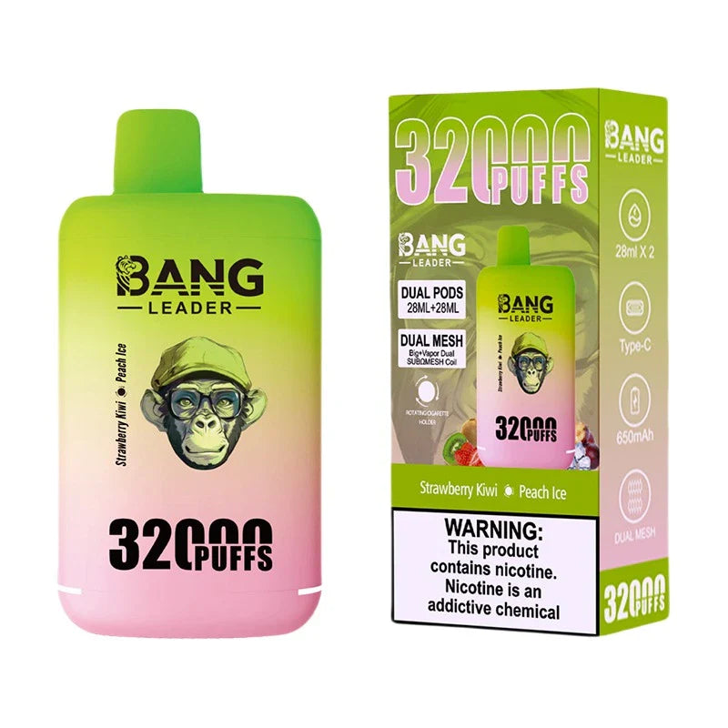 Bang Leader 32000 Puffs Disposable Vape (0% to 5% Nicotine) - Dual Pods, 26ml+26ml E-Liquid 650mah Type-C Rechargeable 18 Flavors