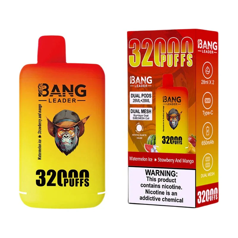Bang Leader 32000 Puffs Disposable Vape (0% to 5% Nicotine) - Dual Pods, 26ml+26ml E-Liquid 650mah Type-C Rechargeable 18 Flavors
