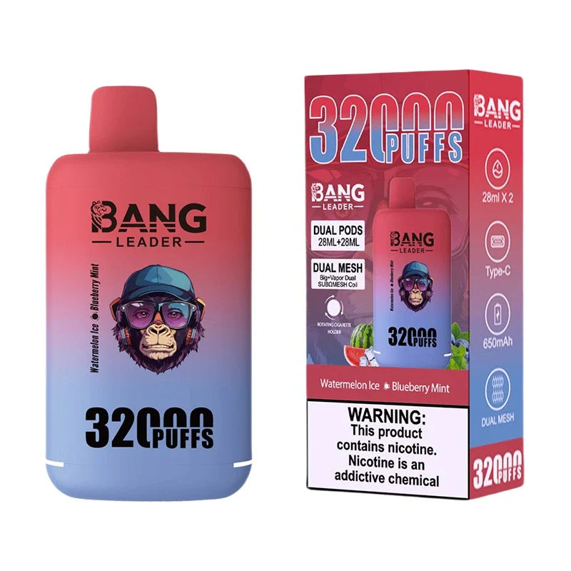 Bang Leader 32000 Puffs Disposable Vape (0% to 5% Nicotine) - Dual Pods, 26ml+26ml E-Liquid 650mah Type-C Rechargeable 18 Flavors