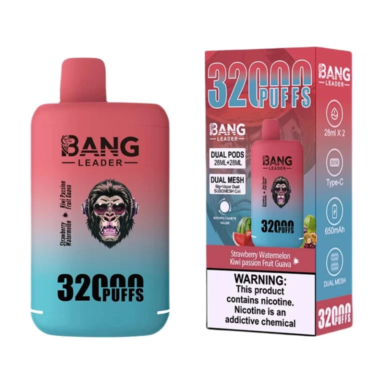Bang Leader 32000 Puffs Disposable Vape (0% to 5% Nicotine) - Dual Pods, 26ml+26ml E-Liquid 650mah Type-C Rechargeable 18 Flavors
