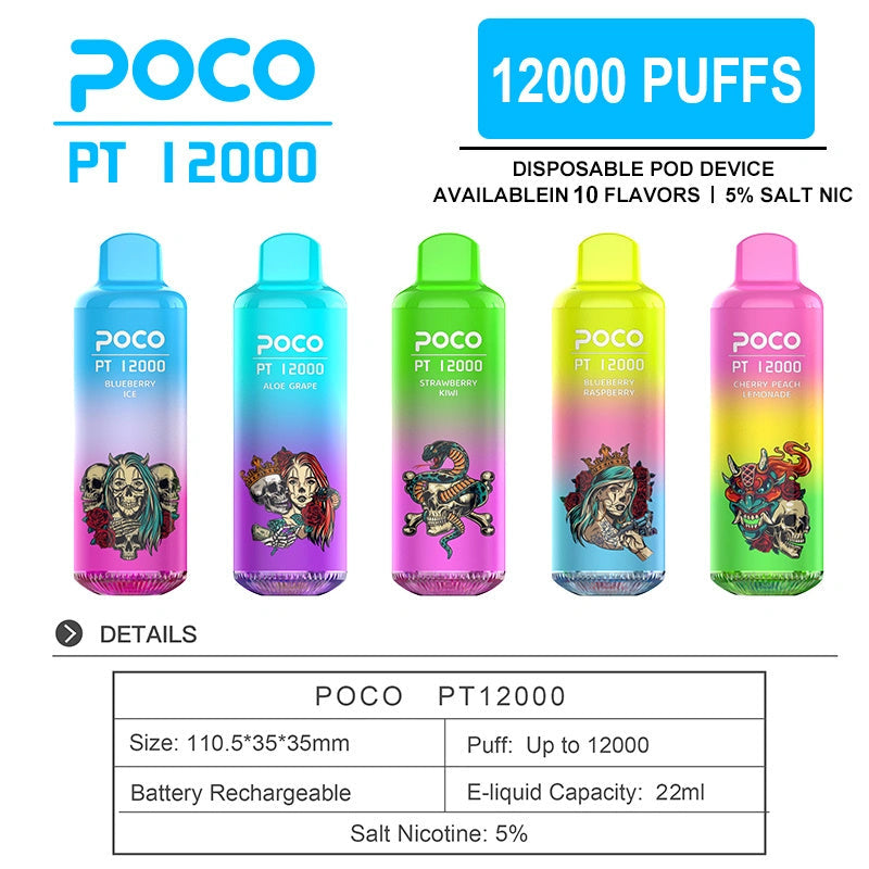 POCO PT 12000 Puffs - 22mL, 5% Nic Salt, 10 Flavors, Mesh Coil