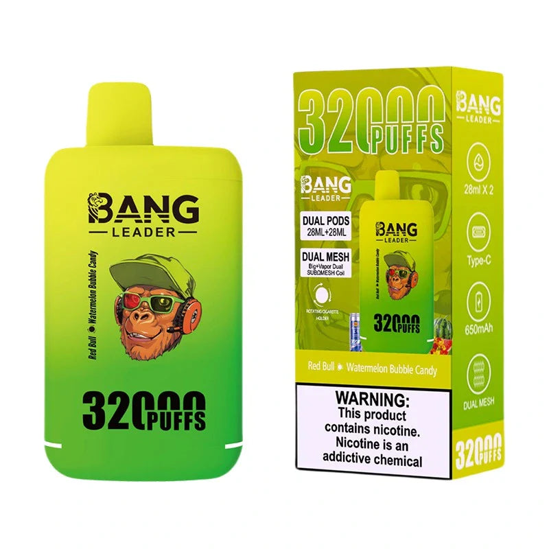 Bang Leader 32000 Puffs Disposable Vape (0% to 5% Nicotine) - Dual Pods, 26ml+26ml E-Liquid 650mah Type-C Rechargeable 18 Flavors