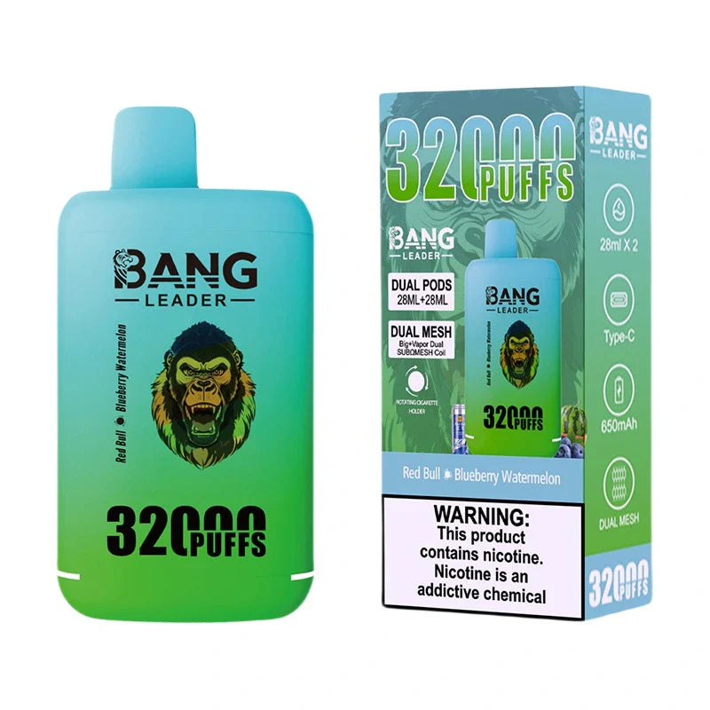 Bang Leader 32000 Puffs Disposable Vape (0% to 5% Nicotine) - Dual Pods, 26ml+26ml E-Liquid 650mah Type-C Rechargeable 18 Flavors