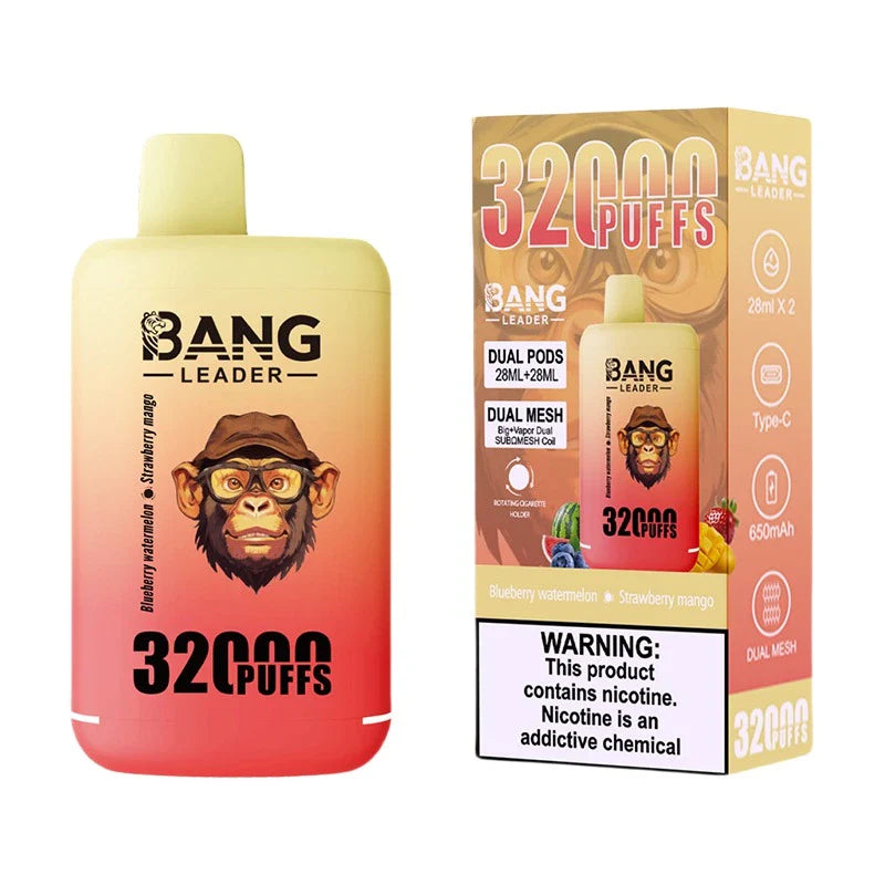 Bang Leader 32000 Puffs Disposable Vape (0% to 5% Nicotine) - Dual Pods, 26ml+26ml E-Liquid 650mah Type-C Rechargeable 18 Flavors