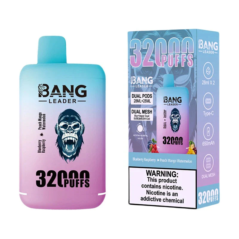 Bang Leader 32000 Puffs Disposable Vape (0% to 5% Nicotine) - Dual Pods, 26ml+26ml E-Liquid 650mah Type-C Rechargeable 18 Flavors