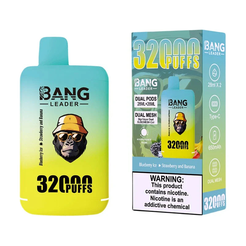 Bang Leader 32000 Puffs Disposable Vape (0% to 5% Nicotine) - Dual Pods, 26ml+26ml E-Liquid 650mah Type-C Rechargeable 18 Flavors
