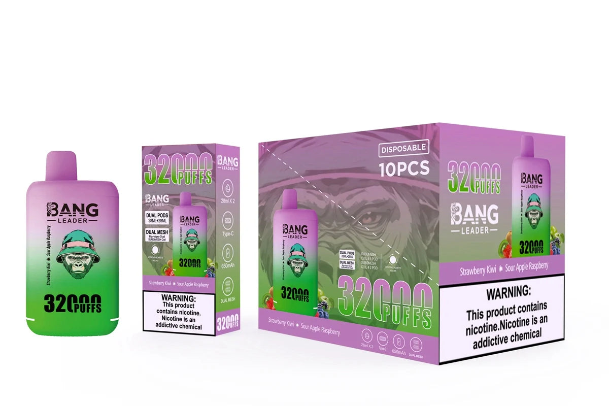 Bang Leader 32000 Puffs Disposable Vape (0% to 5% Nicotine) - Dual Pods, 26ml+26ml E-Liquid 650mah Type-C Rechargeable 18 Flavors