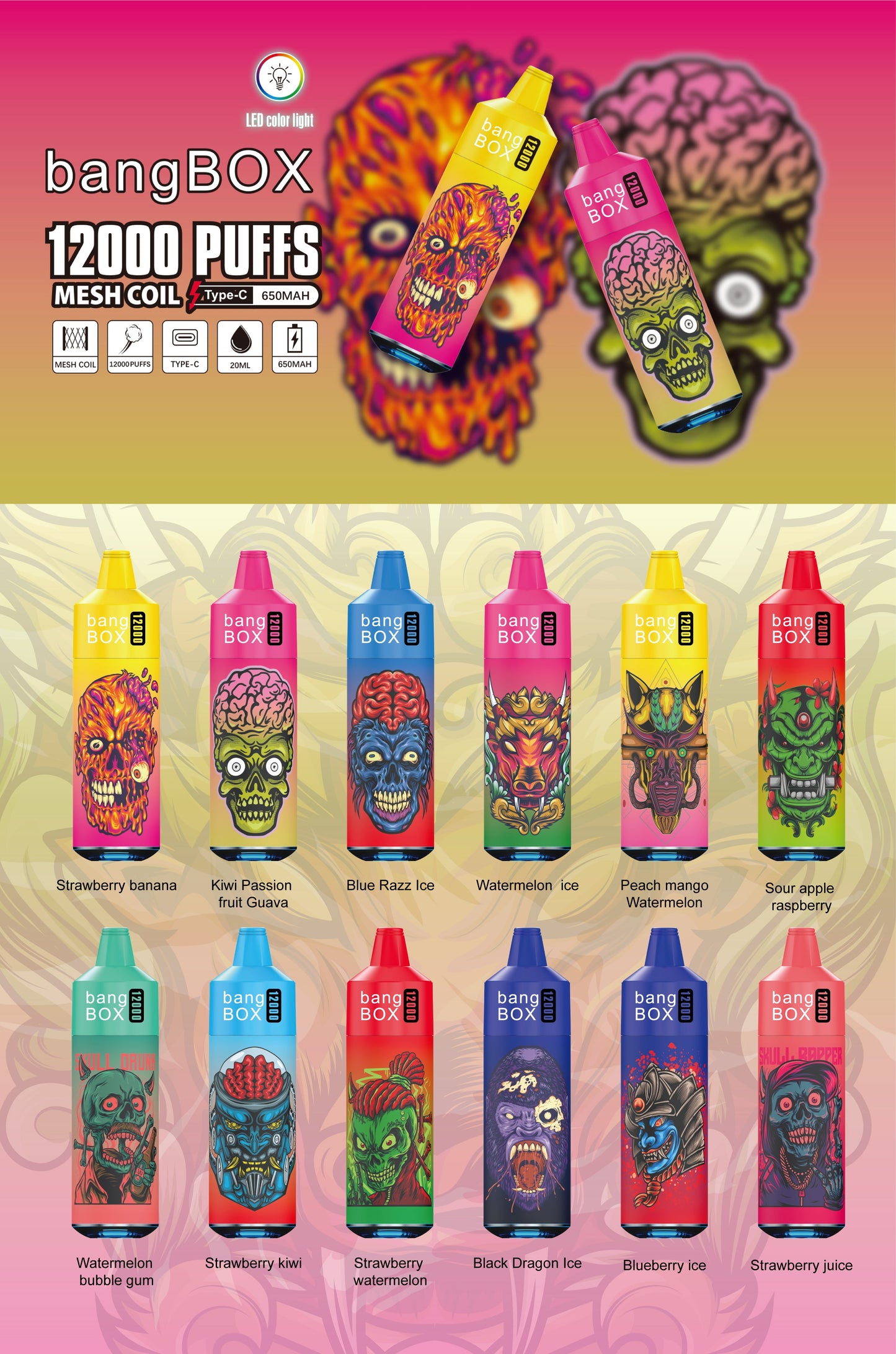 BANGBOX VAPE 12000 PUFFS/12 FLAVORS /RGB LIGHT/Battery650Mah /E-juice volume: 28ml 12flavors.