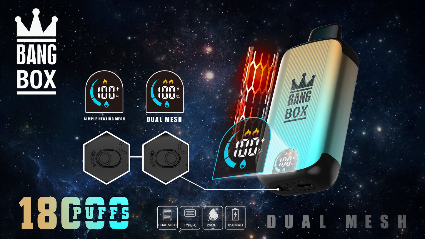 Bangbox 18000 Puffs Smart Screen Disposable E Cigarettes Vape Puff 18k Dual Mesh Coil Led display battery 26ml 850MAH 12Flavors.