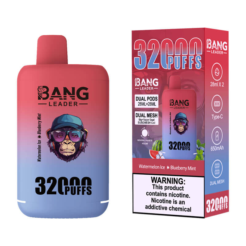 Bang Leader 32000 Puffs Disposable Vape (0% to 5% Nicotine) - Dual Pods, 26ml+26ml E-Liquid 650mah Type-C Rechargeable 18 Flavors