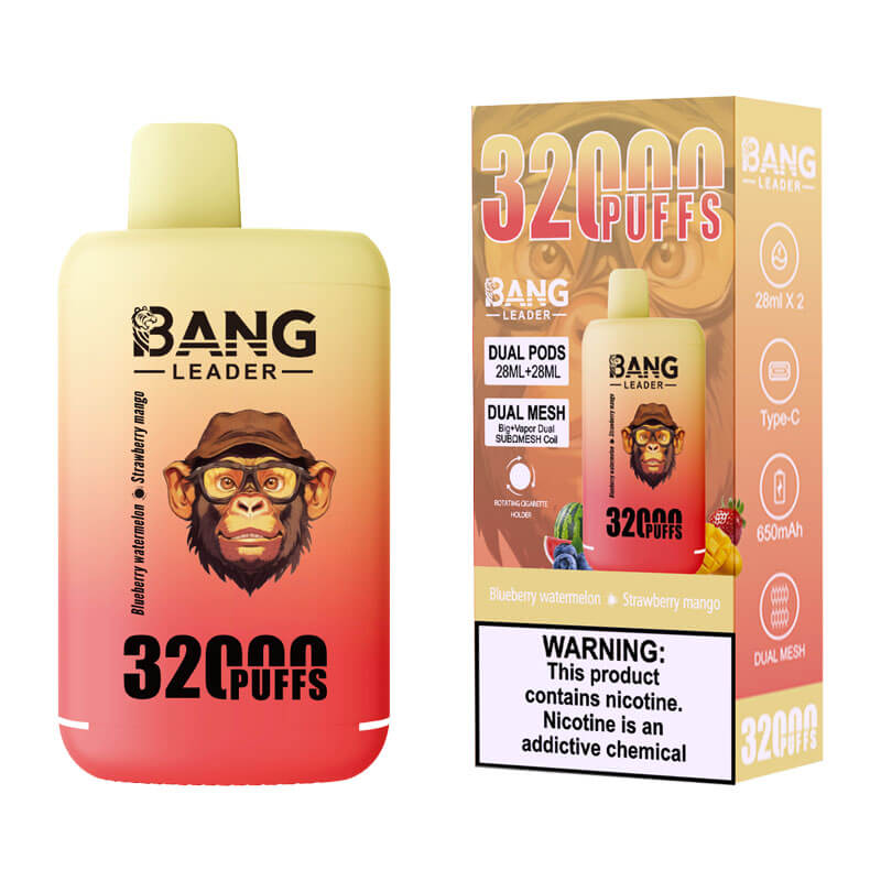 Bang Leader 32000 Puffs Disposable Vape (0% to 5% Nicotine) - Dual Pods, 26ml+26ml E-Liquid 650mah Type-C Rechargeable 18 Flavors