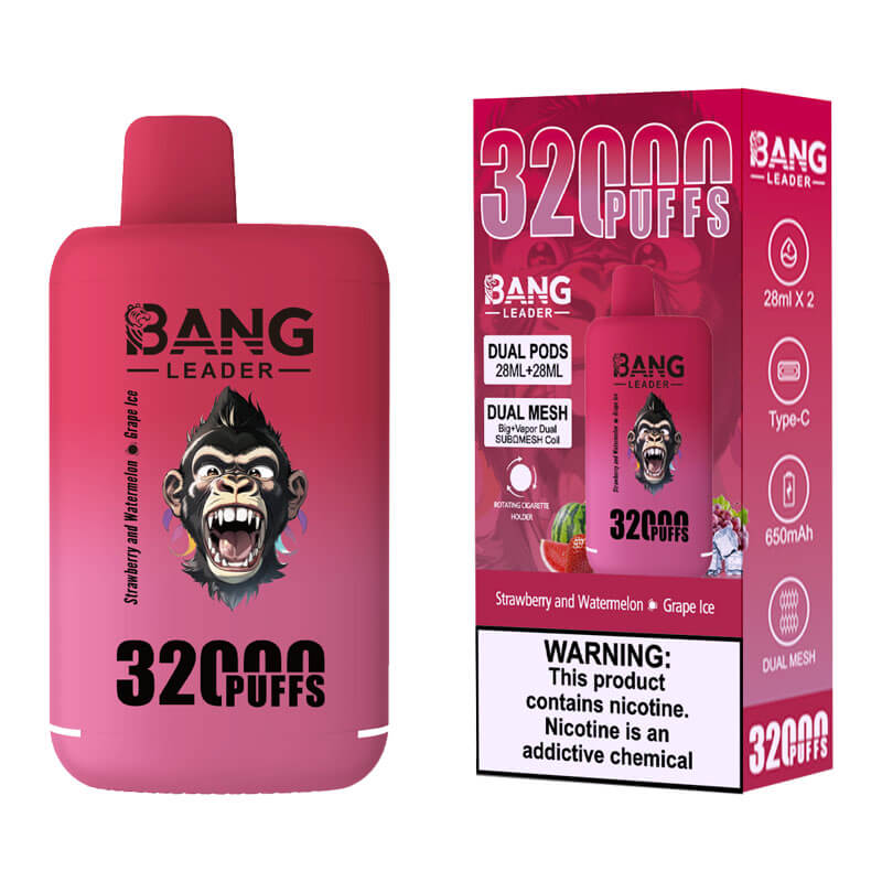 Bang Leader 32000 Puffs Disposable Vape (0% to 5% Nicotine) - Dual Pods, 26ml+26ml E-Liquid 650mah Type-C Rechargeable 18 Flavors
