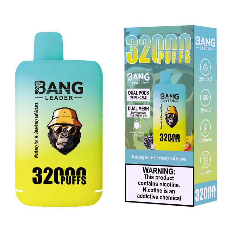 Bang Leader 32000 Puffs Disposable Vape (0% to 5% Nicotine) - Dual Pods, 26ml+26ml E-Liquid 650mah Type-C Rechargeable 18 Flavors