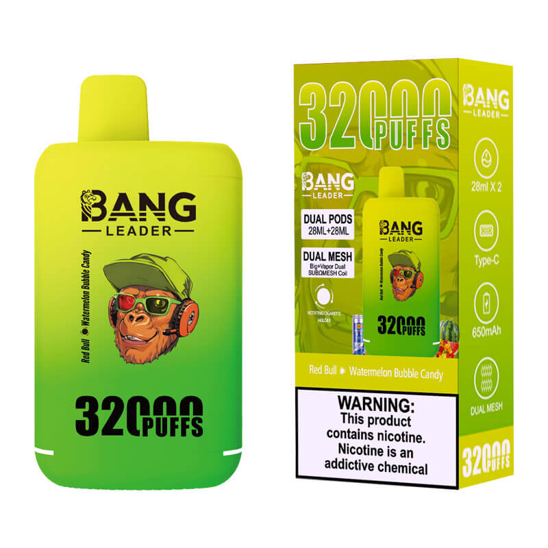 Bang Leader 32000 Puffs Disposable Vape (0% to 5% Nicotine) - Dual Pods, 26ml+26ml E-Liquid 650mah Type-C Rechargeable 18 Flavors