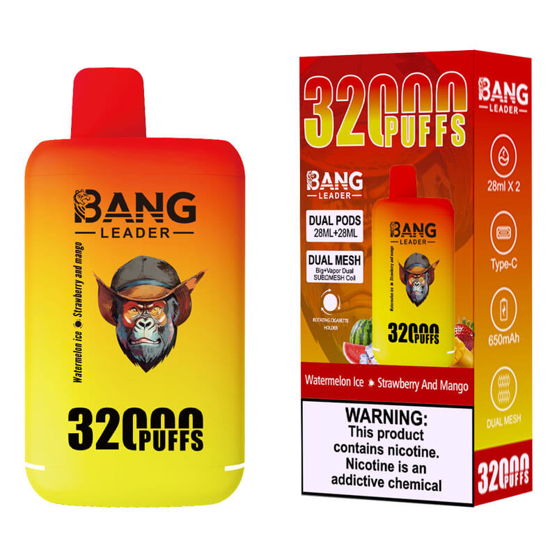 Bang Leader 32000 Puffs Disposable Vape (0% to 5% Nicotine) - Dual Pods, 26ml+26ml E-Liquid 650mah Type-C Rechargeable 18 Flavors