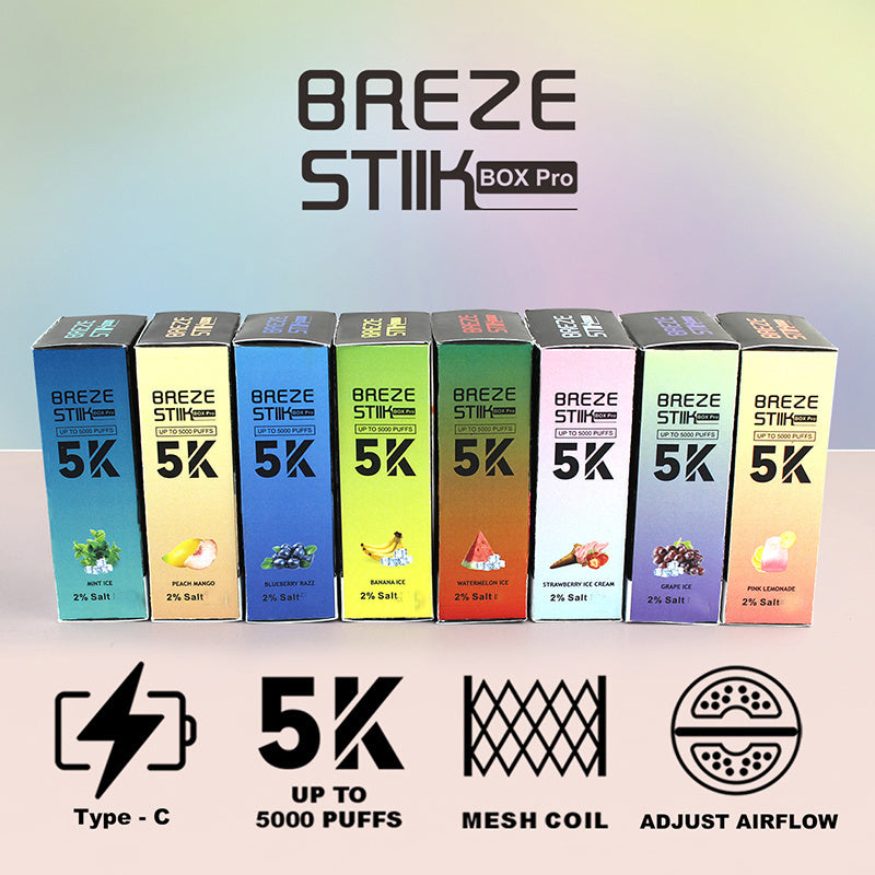Breze Stiik Box Pro 5000 Puffs Vape Disposable 950mah Rechargeable Battery Pen Electronic Cigarettes Puff 5k 2% 5% 12ml Prefilled Pod Mesh Coil Adjustable Airflow