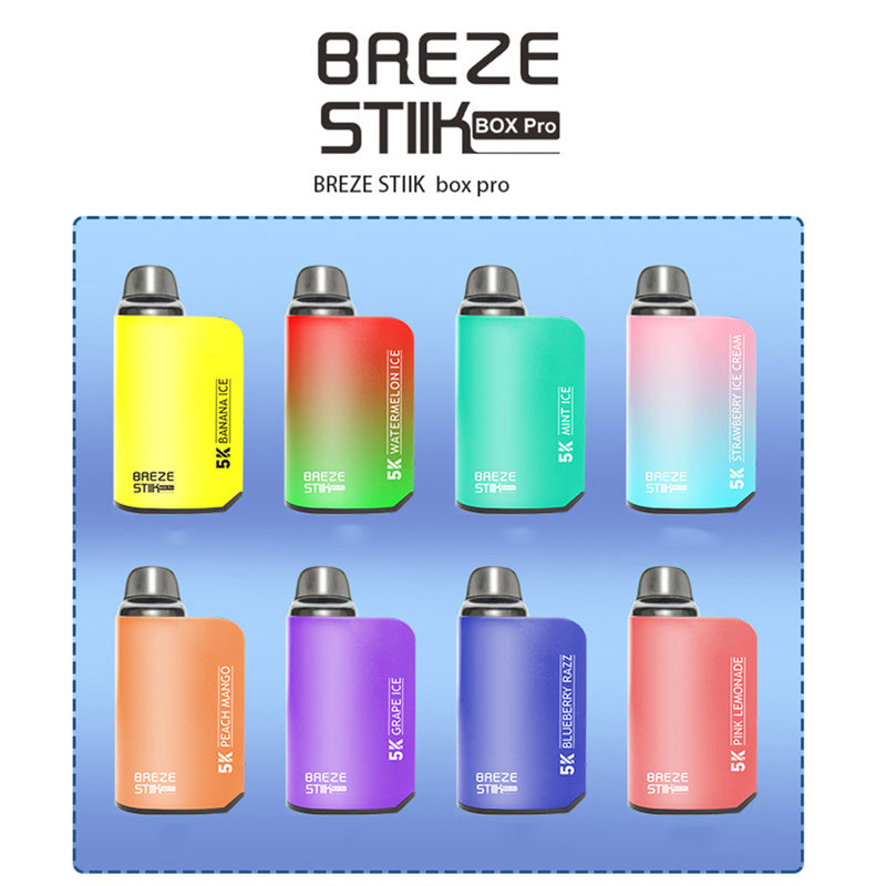 Breze Stiik Box Pro 5000 Puffs Vape Disposable 950mah Rechargeable Battery Pen Electronic Cigarettes Puff 5k 2% 5% 12ml Prefilled Pod Mesh Coil Adjustable Airflow