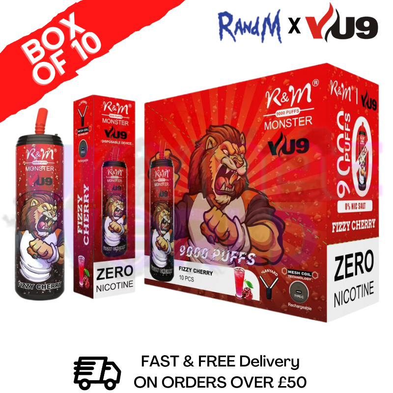 Fizzy Cherry 9K Monster 9000 Puffs 0mg Nikotin Packung mit 10 Riegeln