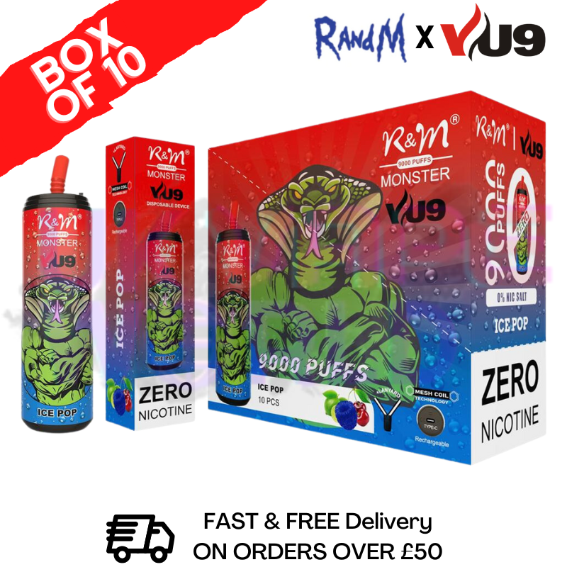 ICE POP 9K Monster 9000 Puffs 0mg Nikotin Packung mit 10 Riegeln