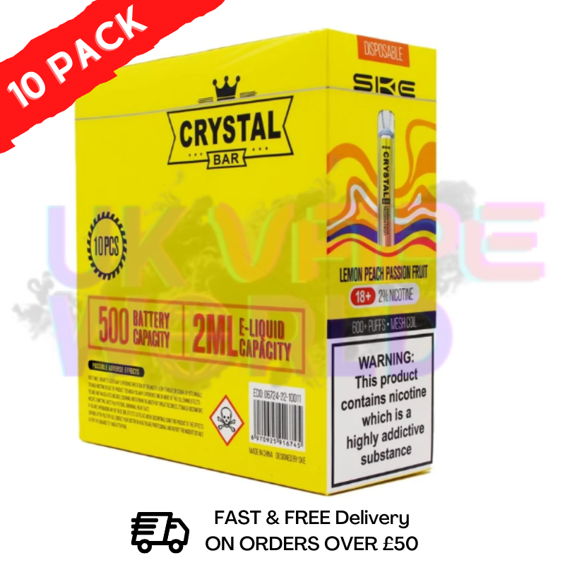 Zitrone-Pfirsich-Passionsfrucht – Crystal Bar Puffs 600 Stück, 10er-Packung – 26,99 £