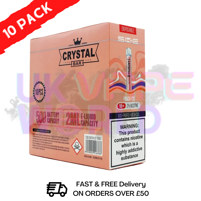 Pfirsicheis - Crystal Bar Puffs 600 SKE Schachtel mit 10 Stück - 26,99 £