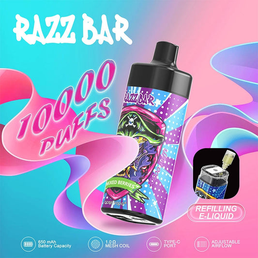 Razz Bar 10000 Puffs - 20mL Refillable, 5% Nic Salt, 16 Flavors