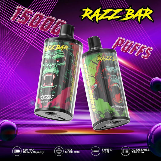 Razz Bar 15000 Puffs - 28mL, 5% Nic Salt, 12 Flavors, RGB Lights