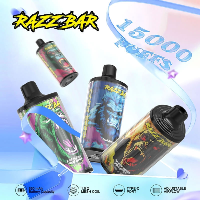 Razz Bar 15000 Puffs - 28mL, 5% Nic Salt, 12 Flavors, Mesh Coil