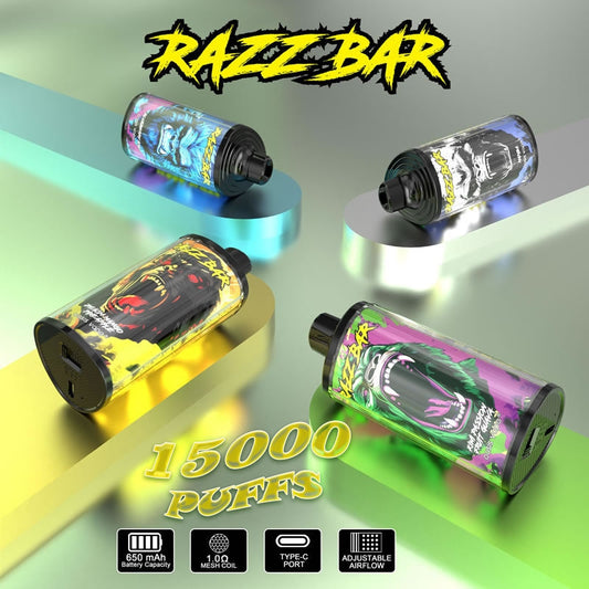 Razz Bar 15000 Puffs - 28mL, 5% Nic Salt, 12 Flavors, Mesh Coil