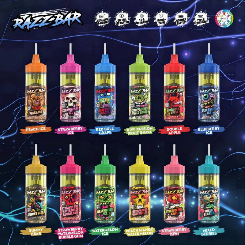 Razz Bar 16000 Züge - 30 ml, 2 %/5 % Nikotinsalz, 12 Geschmacksrichtungen, Mesh-Coil