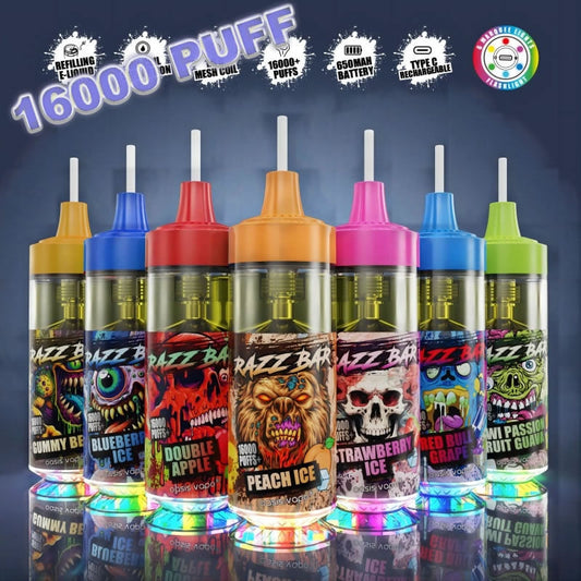 Razz Bar 16000 Puffs - 20mL, 5% Nic Salt, 12 Flavors, Refillable