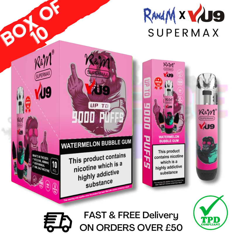 Wassermelonen-Kaugummi RandM 9K SuperMAX 9000 Puff Bar R und M 10er-Packung