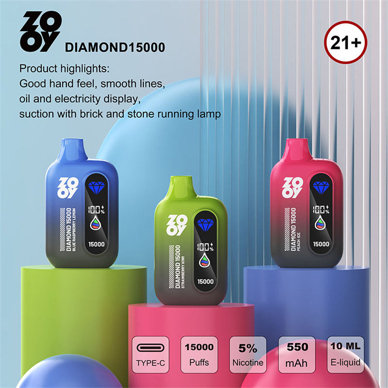 ZOOY DIAMOND 15000 Wiederaufladbare Einweg-E-Zigarette – 15.000 Züge, Mesh-Coil, 550-mAh-Akku