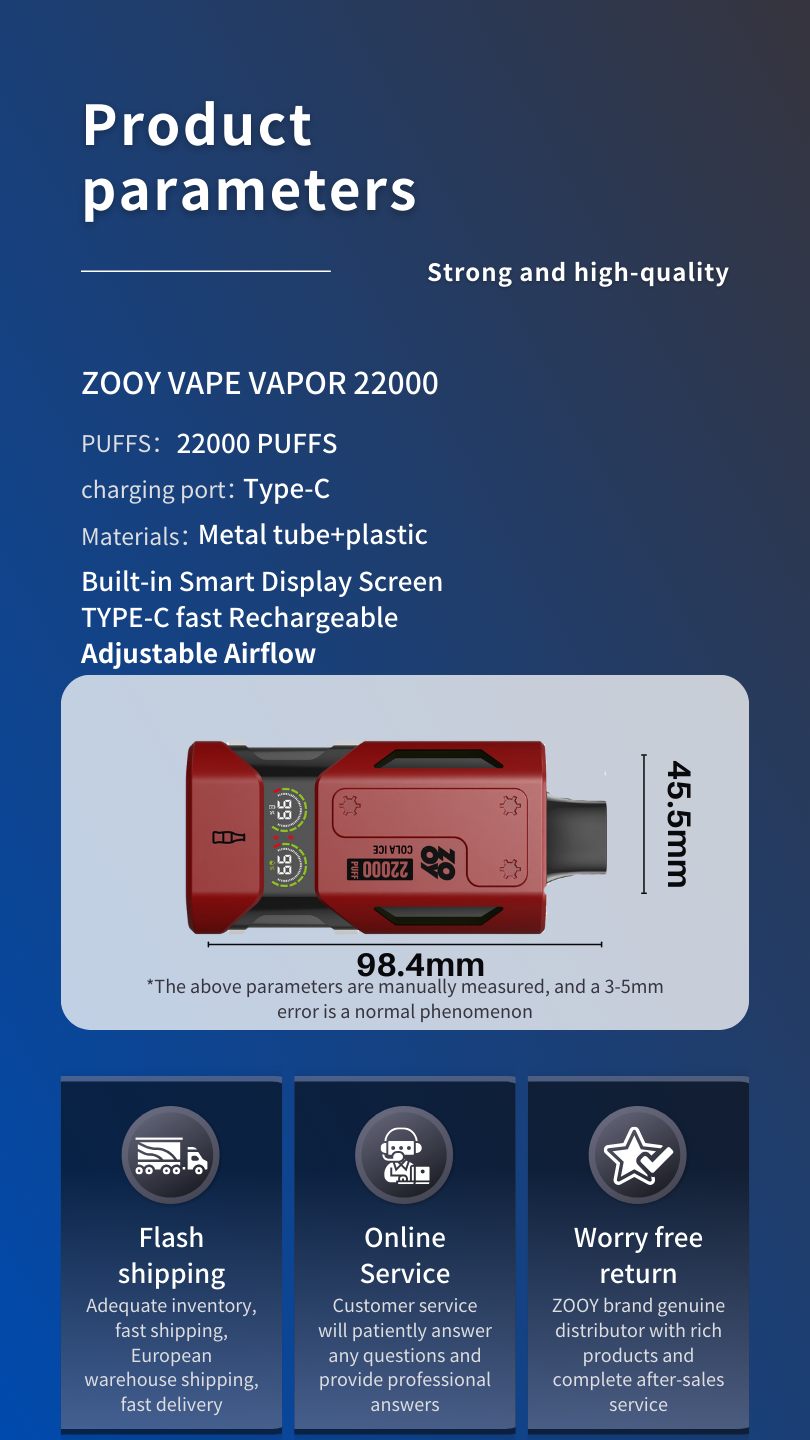 Zooy Vape Vapor 22000 Puffs 22k Disposable Wholesale E Cigarette With Dual Led Screen