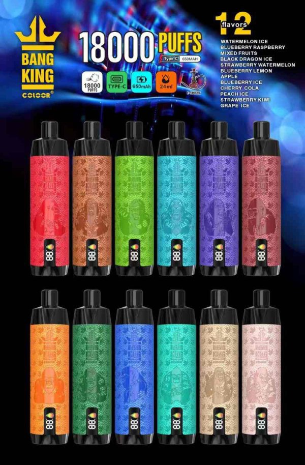 Bang King 18000 Puffs Disposable Vape Dtl Dual Mesh Shisha Puff 18k With Electronic Cigarette-850mAh Battery. 40ml E-liquid. Multiple Nicotine 12 Flavors