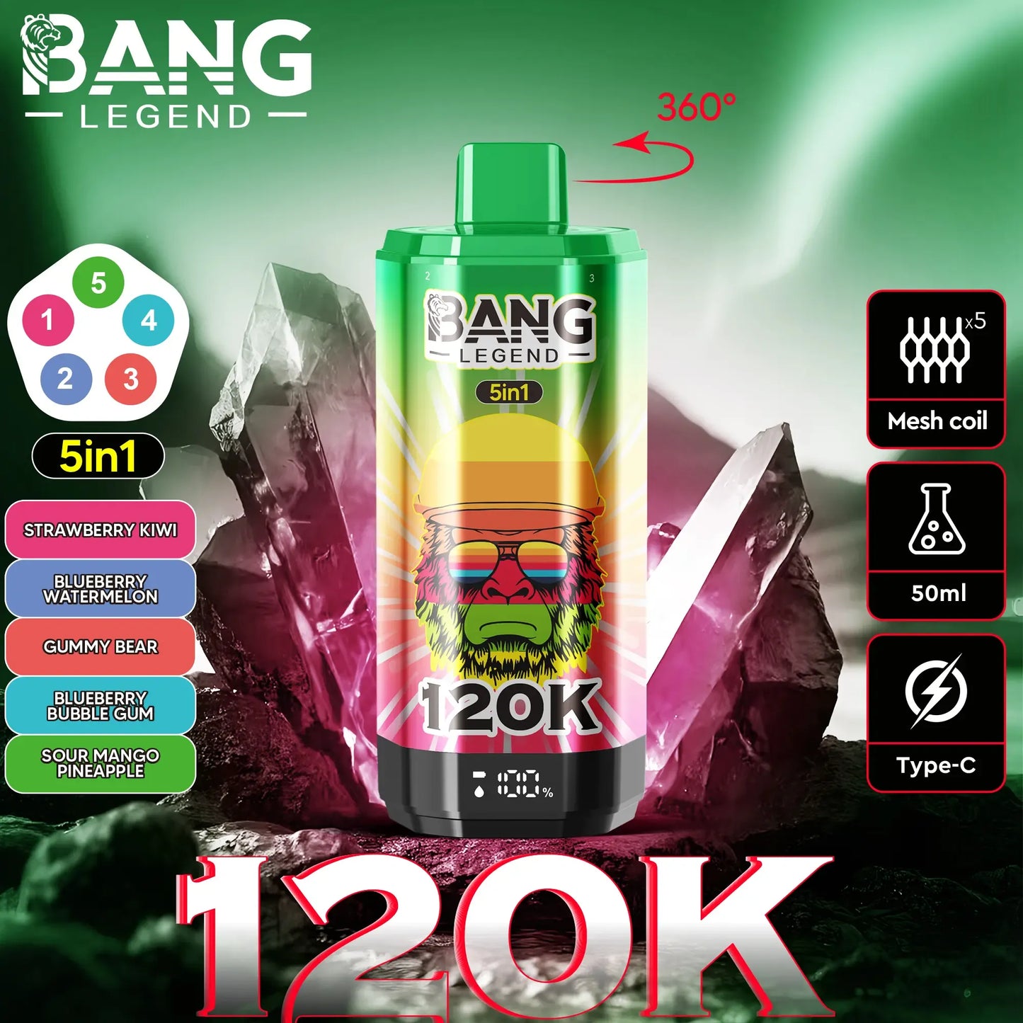 Bang Legend 120K – The Ultimate 5-in-1 Disposable Vape | 120.000 Puffs | Adjustable Triple Flavors | Nebula Burst