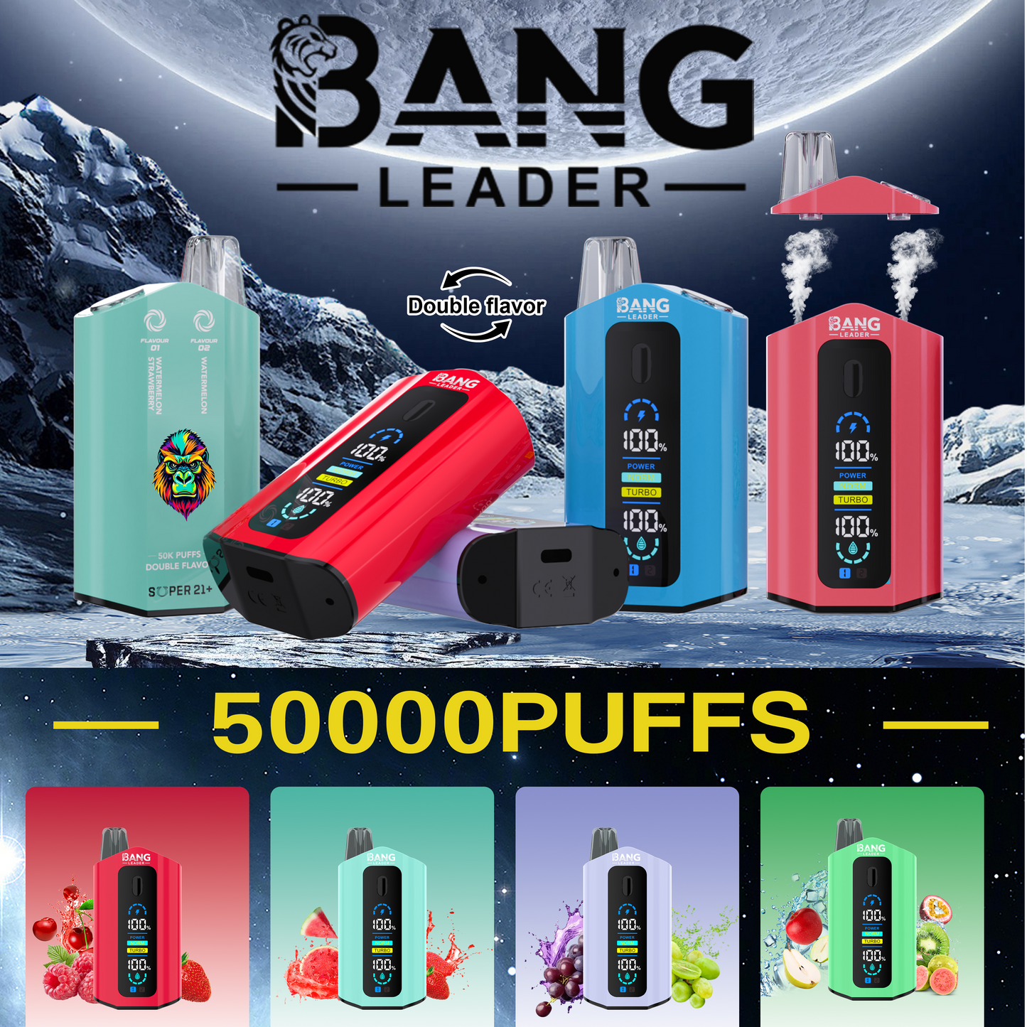 Bang Leader 50000 Disposable Vape - 50K Puffs. 36mBang Leader 50000 Puffs Disposable Vape (0% to 5% Nicotine) – Dual Pods(20mL+20mL) Unmatched Performance 650mAh battery 12 Flavors &nbsp;l E-Liquid (0-5% Nicotine) 36mL650mAh 12 Flavors