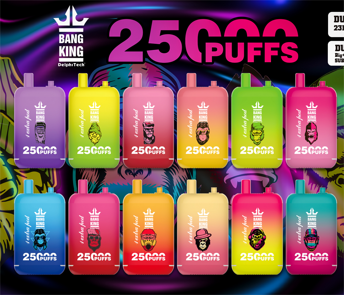 Bang King 25000 Puffs - 46mL pre-filled e-liquid Dual Tank (0% to 5% Nicotine);650mAh Battery 12 Flavors