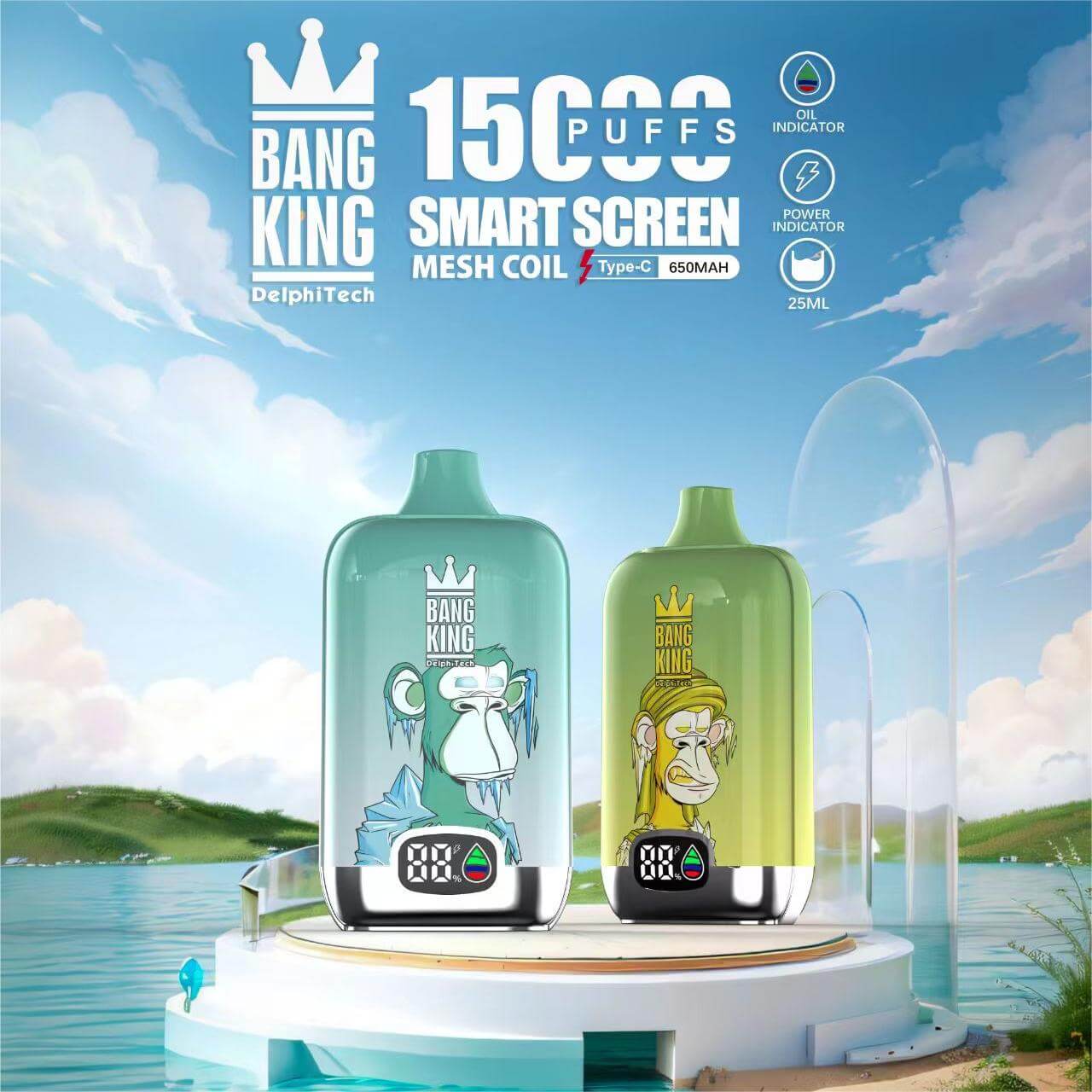 Bang King Smart screen 15000 puffs Disposable Vape(0% to 5% Nicotine) 25mL . 650mAh.12 Flavors
