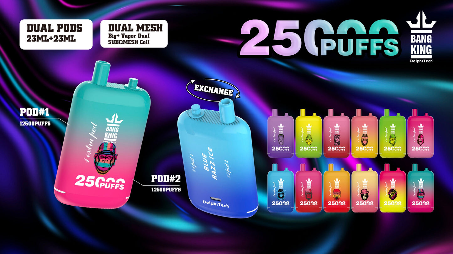 Bang King 25000 Puffs - (23ml+23ml )e-liquid Dual Tank (0% to 5% Nicotine) 650mAh Battery 12 Flavors