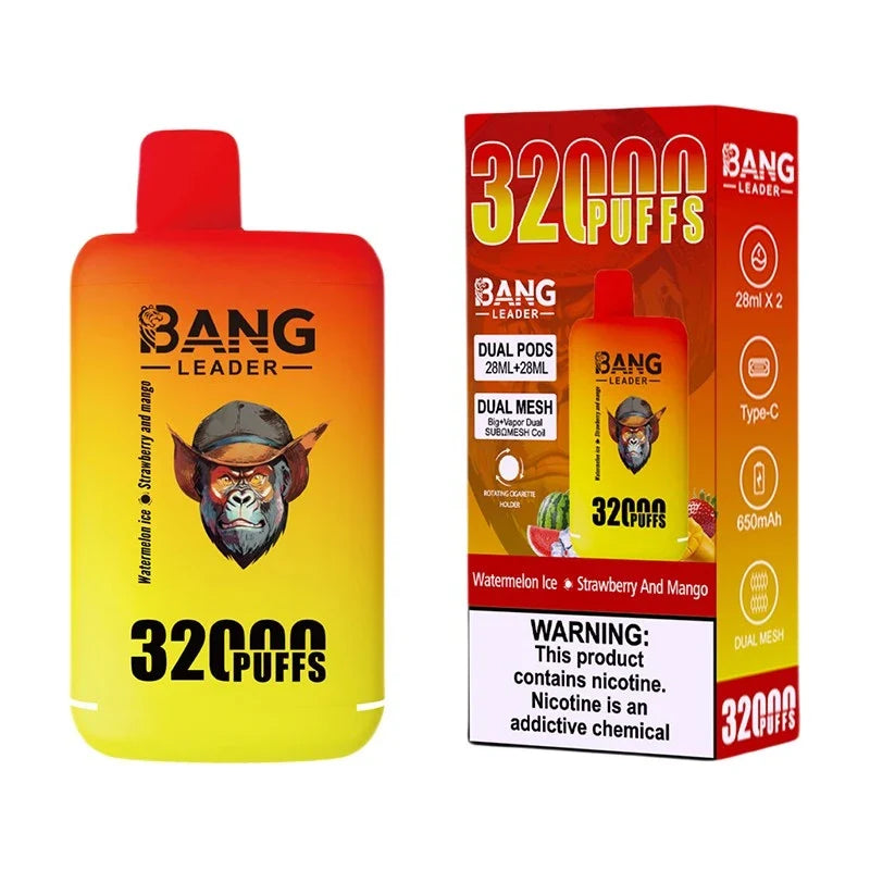 Bang Leader 32000 Puffs Disposable Vape (0% to 5% Nicotine) - Dual Pods. 26ml+26ml E-Liquid 650mah Type-C Rechargeable 18  Flavors