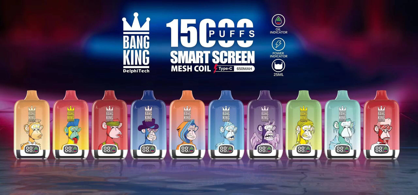 Bang King Smart screen 15000 puffs Disposable Vape(0% to 5% Nicotine) 25mL . 650mAh.12 Flavors