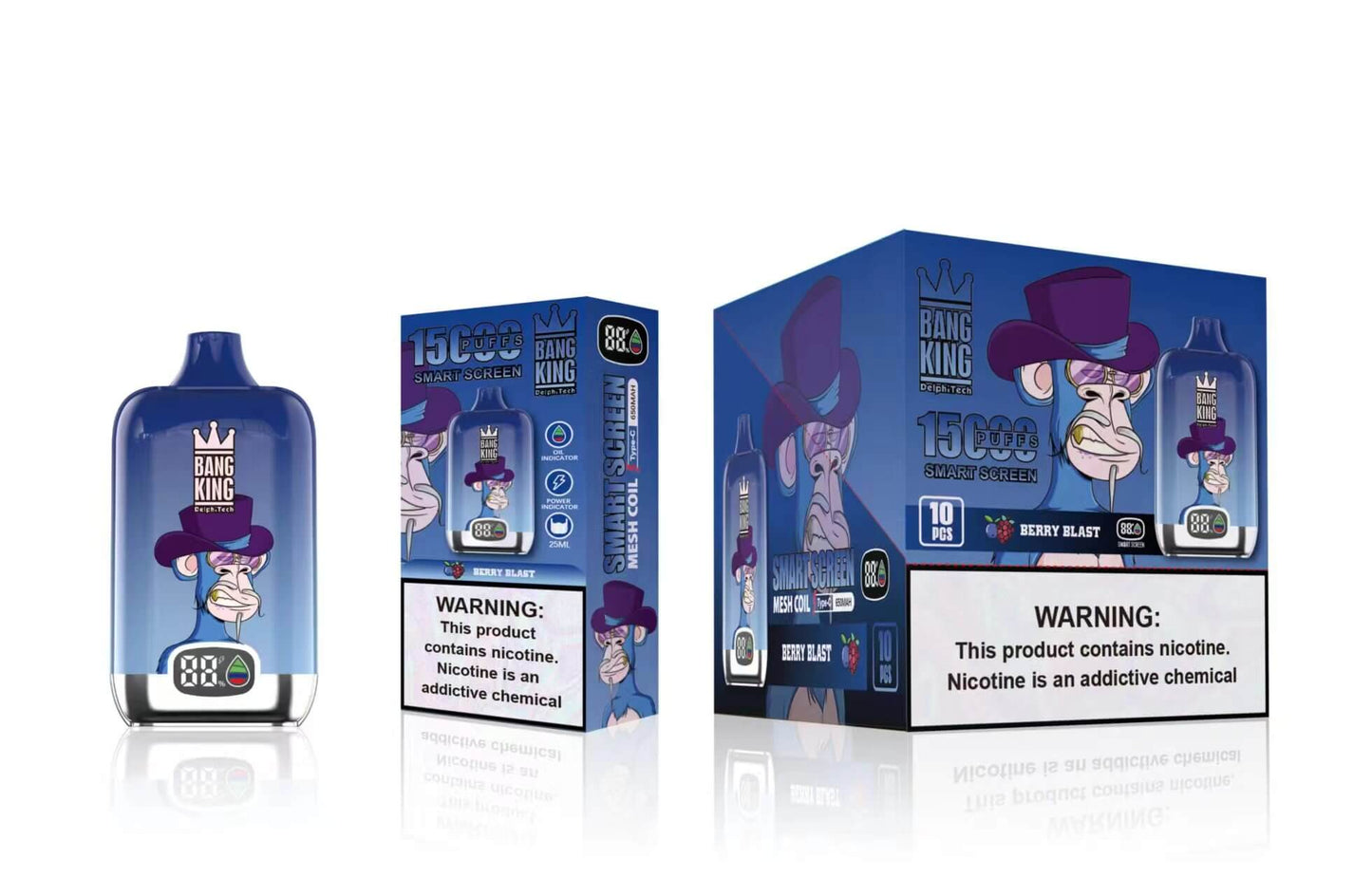 Bang King Smart screen 15000 puffs Disposable Vape(0% to 5% Nicotine) 25mL . 650mAh.12 Flavors