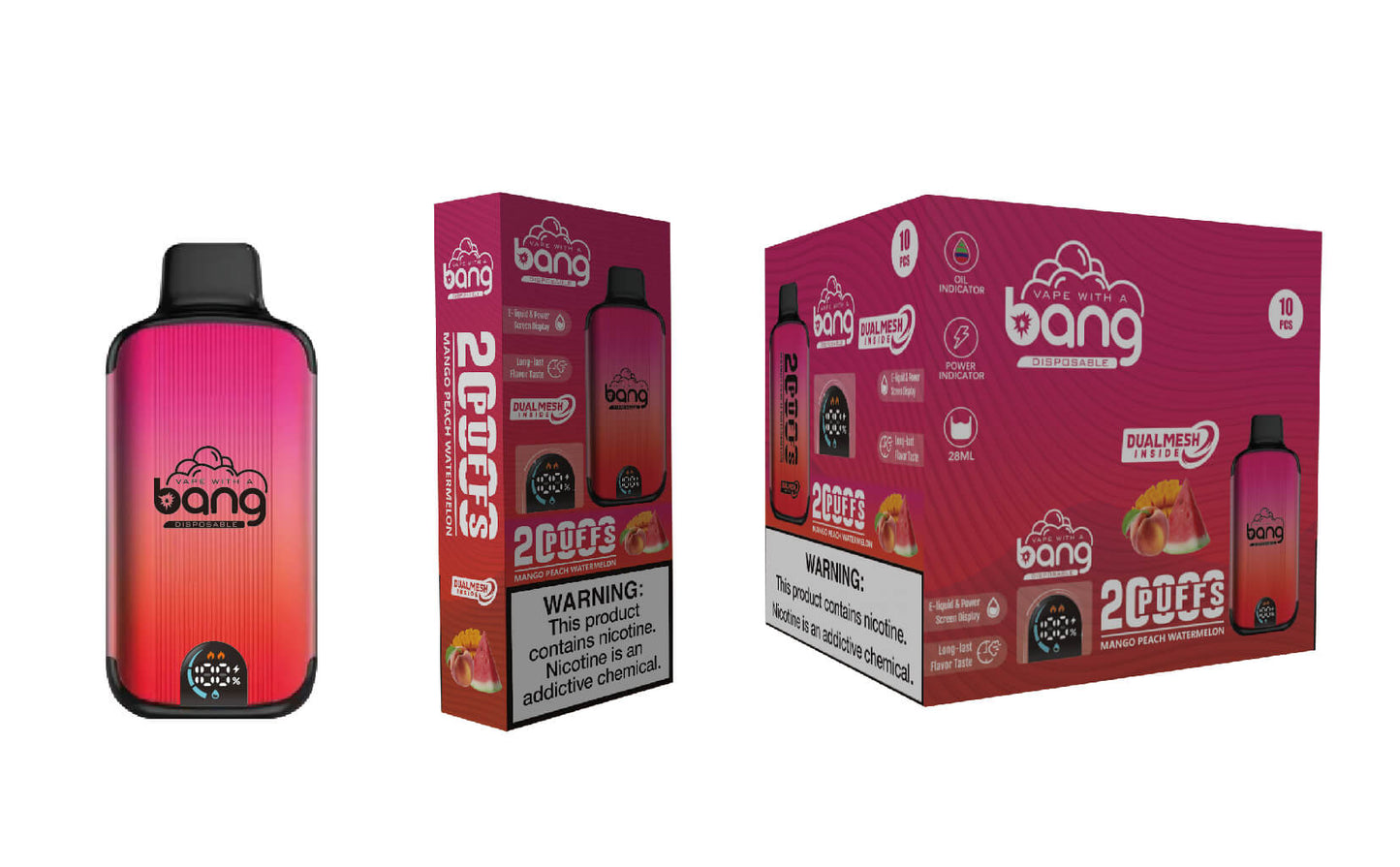 Bang Disposable Vape 20000 puffs Original Randm Tornado(0% to 5% Nicotine) Digital Smart Screen 25.0mL 650mAh 12 Flavors