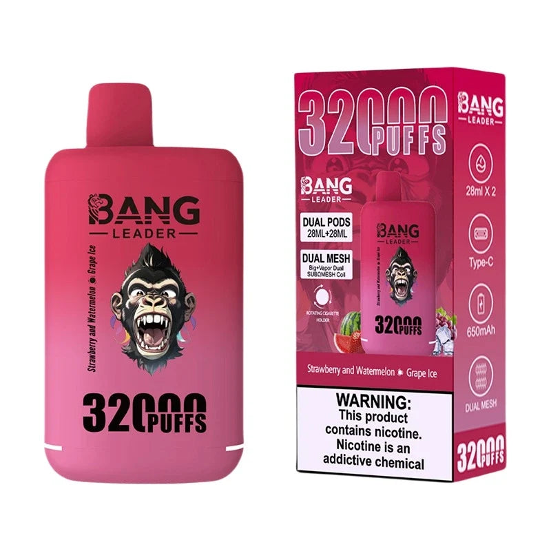 Bang Leader 32000 Puffs Disposable Vape (0% to 5% Nicotine) - Dual Pods. 26ml+26ml E-Liquid 650mah Type-C Rechargeable 18  Flavors