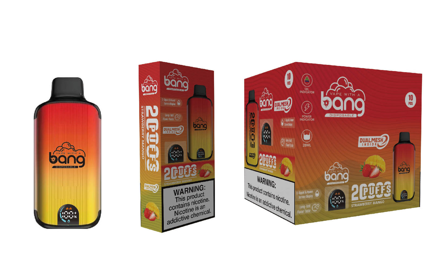 Bang Disposable Vape 20000 puffs Original Randm Tornado(0% to 5% Nicotine) Digital Smart Screen 25.0mL 650mAh 12 Flavors