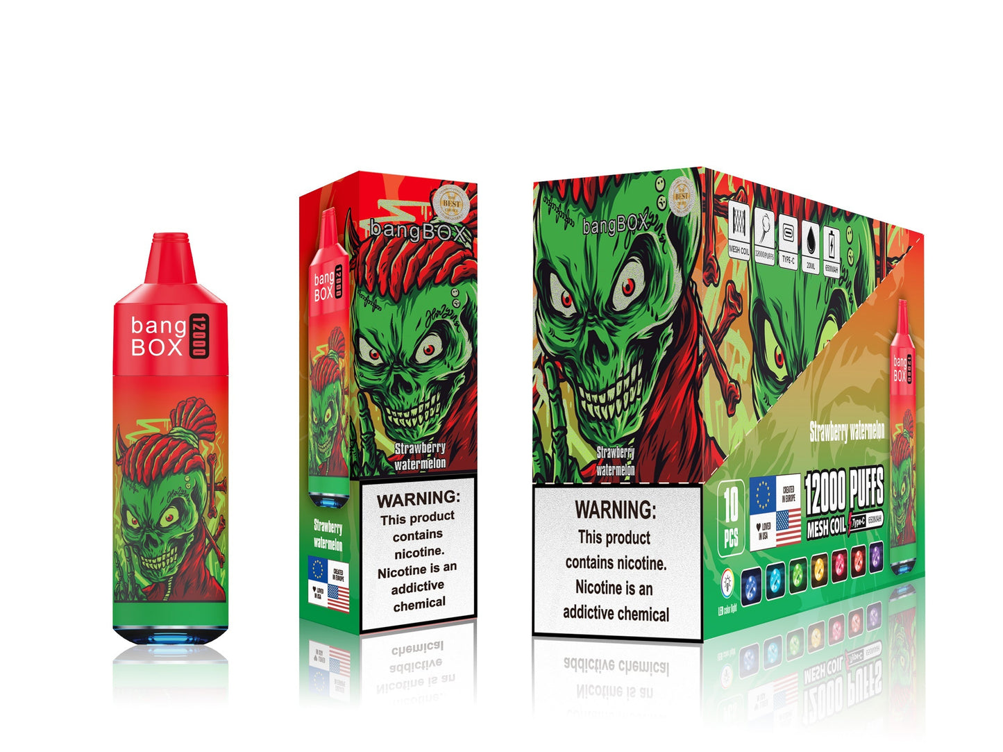 BANGBOX VAPE 12000 PUFFS/12 FLAVORS /RGB LIGHT/Battery650Mah /E-juice volume: 28ml 12flavors.