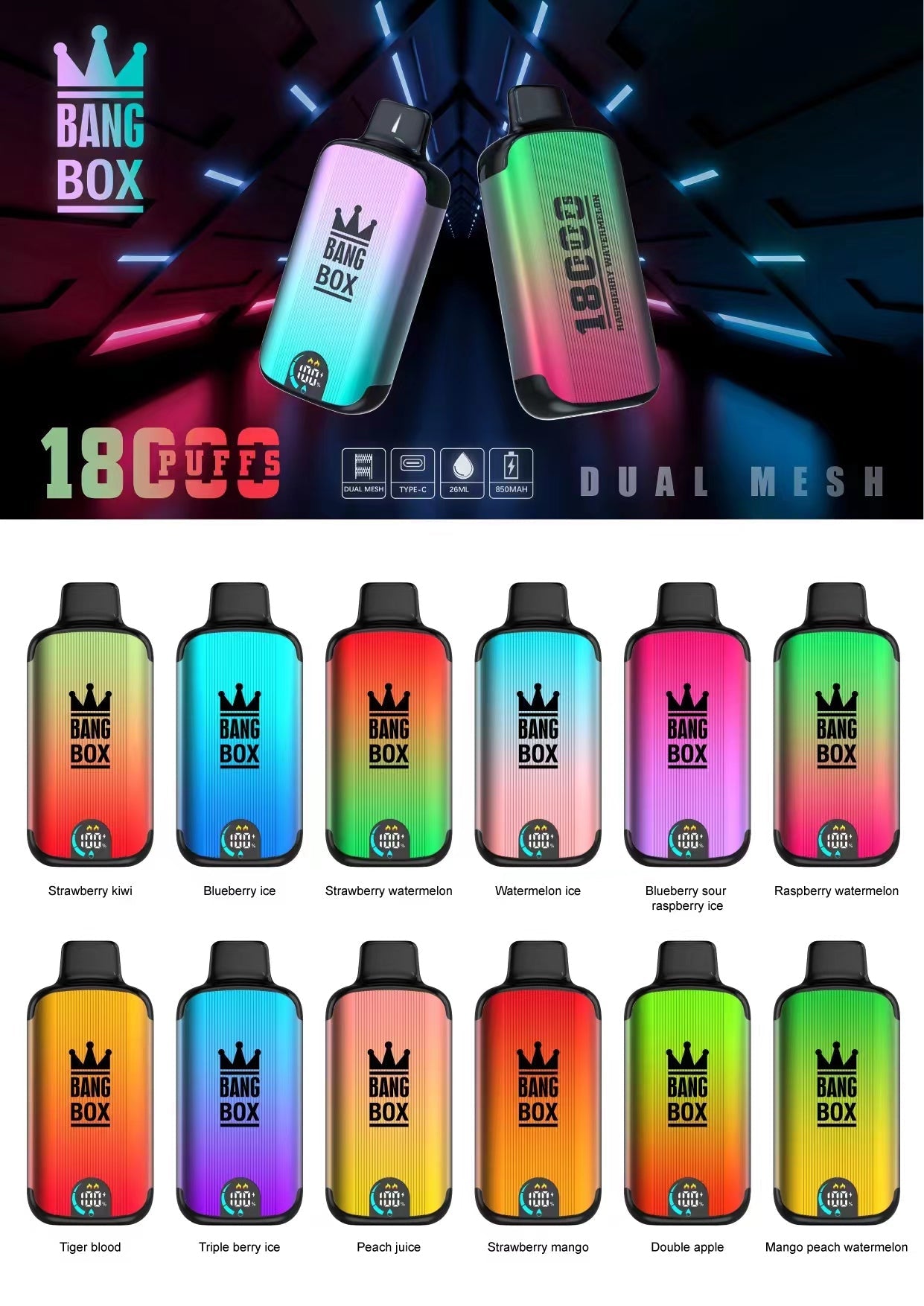 Bangbox 18000 Puffs Smart Screen Disposable E Cigarettes Vape Puff 18k Dual Mesh Coil Led display battery 26ml 850MAH 12Flavors.