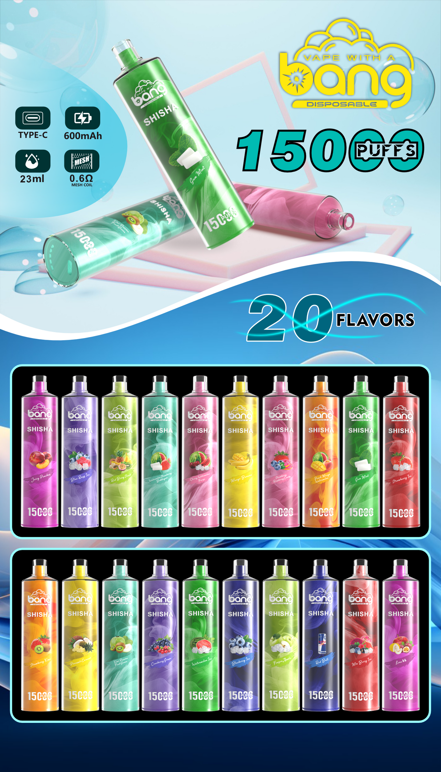 Bang King 15000 Puffs Vape 15K Disposable Vape Pen E Cigarette Prefilled 30ml 850mAh 18 Flavors