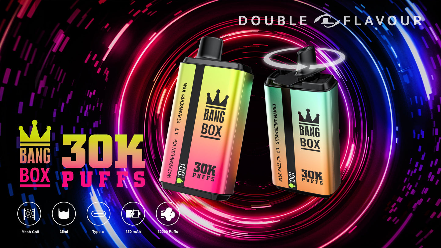 BANGBOX 30000 puffs dual flavors vape.LED Display capcity Batterya .35ml 850MAH .12 Flavor Display